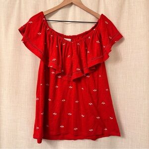 Ava & Viv Red Off-Shoulder Ruffle Tunic with White Embroidery